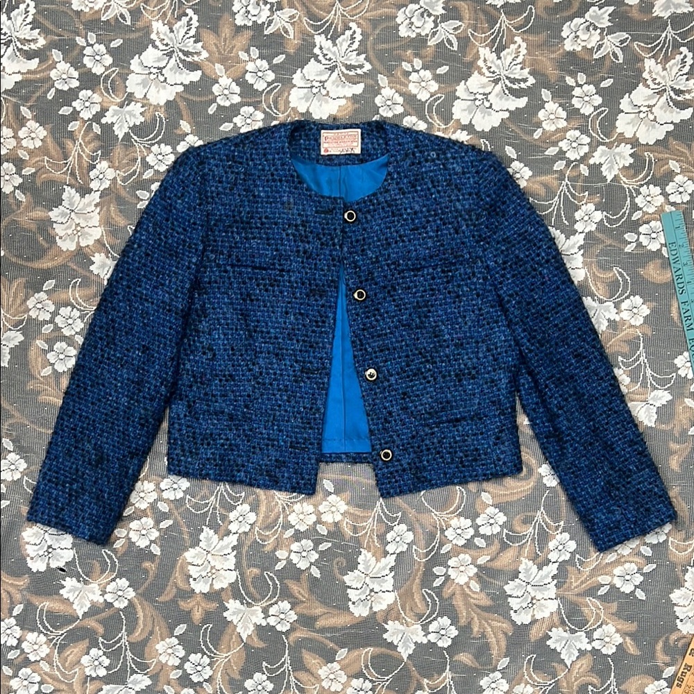 Vtg Pendleton Button Tweed Jacket 100% Wool USA Blue Navy Women’s